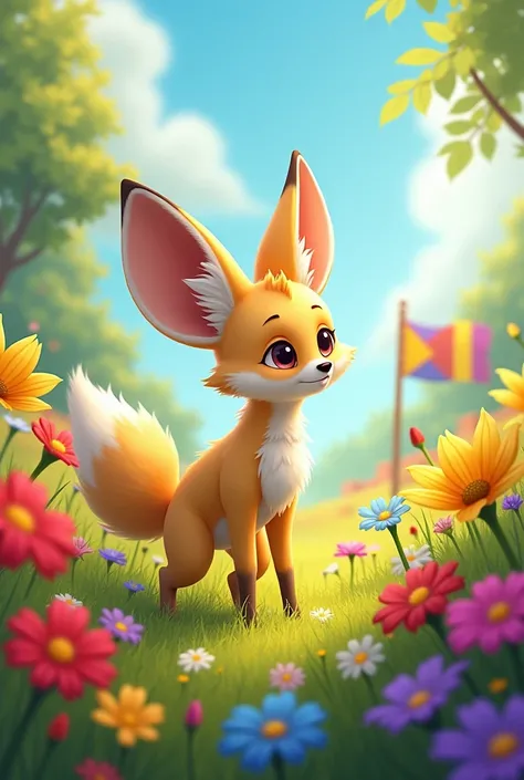 Fennec and colorful Flower flag
