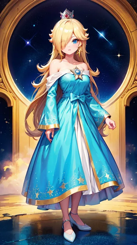 (masterpiece), best quality, expressive eyes, perfect face, highres, 1 girl, solo, rosalina, blonde hair, blue eyes, hair over one eye, long hair, blue dress, crown, dress, earrings, jewelry, princess, robe, bare shoulders, star earrings, space, starry bac...