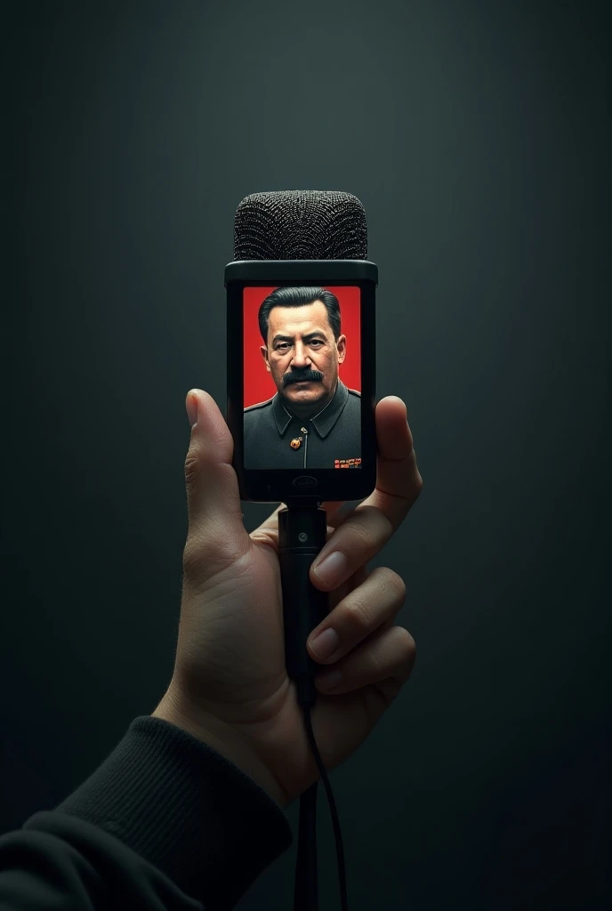 Image of a journalist microphone with a large digital electronic graphic screen and the face of  "Stalin"inside the journalist microphone with a large digital electronic hyperrealistic graphic screen in the hand of a human person 