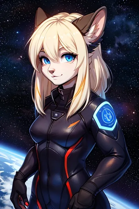 Woman with ,golden white hair,Blue eyes,,,black spacesuit