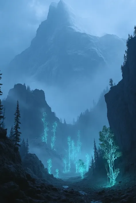  Fantastic landscape with mountain peaks, shrouded in fog ,  and glowing trees 