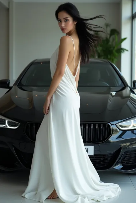 I want a photo of a woman in her 20s dressed in white and very beautiful with a pink mouth, black hair and enchanting eyes.
She would be next to a BMW car
