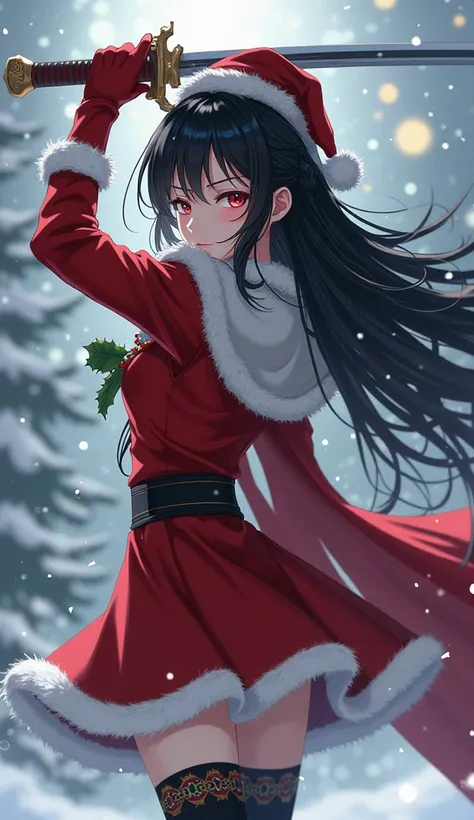 anime woman with long black hair, with sword, dressed in christmas