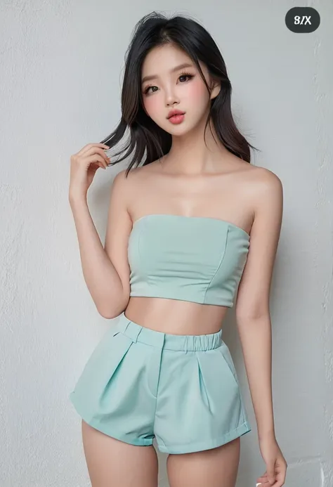 ((best resolution)), work of art, (high quality:1.2), 8k, extremely detailed, (high detail:1.2), solo, Korean Ulzzang female, (mini-shorts, strapless cropped top), (beautiful and natural face:1.2), high detailed texture, realistic, photographic, (subtle to...