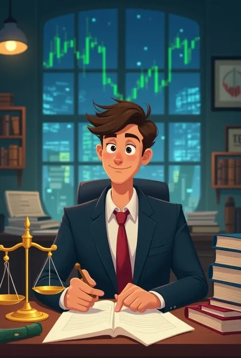 A young lawyer with books on his desk titled Law and the scales of justice on the other side, with a background of stock markets and digital displays, Disney-style.