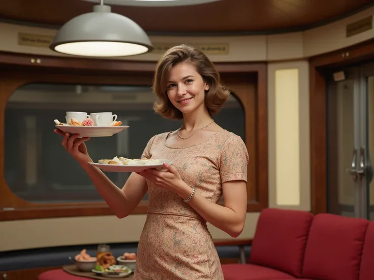 lovely 1960s star trek dress mother-in-law posing sweetly holding tea serving tray in classic enterprise star ship living room