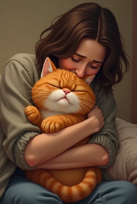 sad orange cat while hugged by its master 