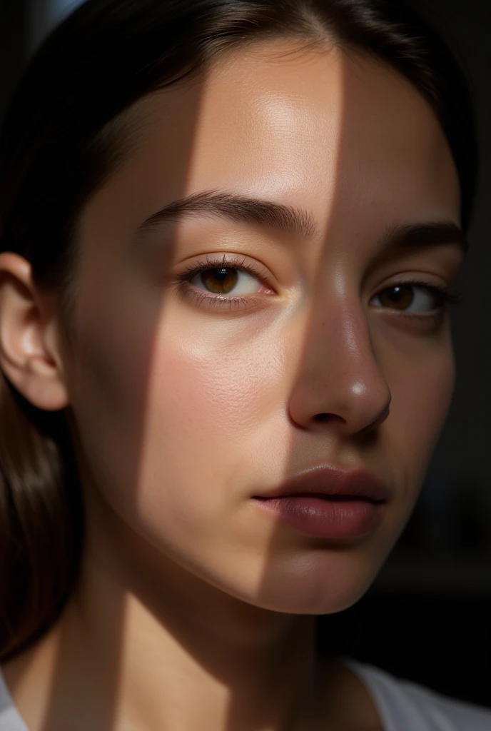 a photo of a ( face bathed in patterned light:1.3), (dappled shadows:1.2), ( captivating look :1.1), ( contrast of light and :1.2),  artistic interaction , ( sharp luminous lines:1.1), (Detailed iris:1.1), Sony α7R IV , 1/320s , f/2.8, ISO 400, ( enigmatic...