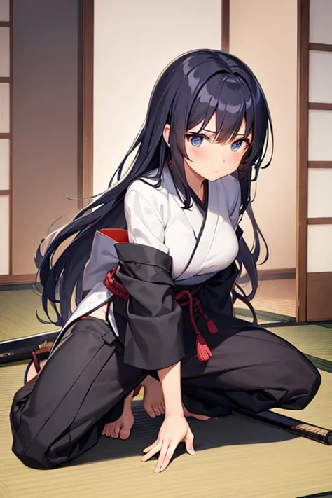 1girl, solo, long hair, looking at viewer, blush, blue eyes, black hair, closed mouth, full body, sidelocks, japanese clothes, pants, indoors, wide sleeves, holding weapon, feet, toes, holding sword, sandals, black katana, hakama, dual wielding, white kimo...