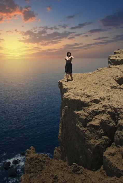  Portrait of a woman , standing on the edge of a cliff ,  looking into the distance at the sunset over the sea