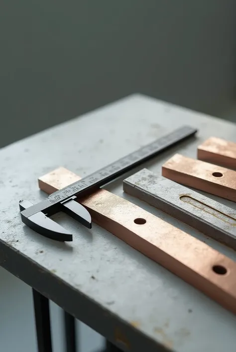 A real looking not looking like ai generated table having a vernier caliper and aluminium, steel and copper rod or strip marked on the middle part of each metal using a marker with a scale