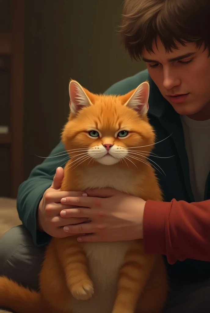 Orange cat is sad while hugged by its master before sharing it to the new master