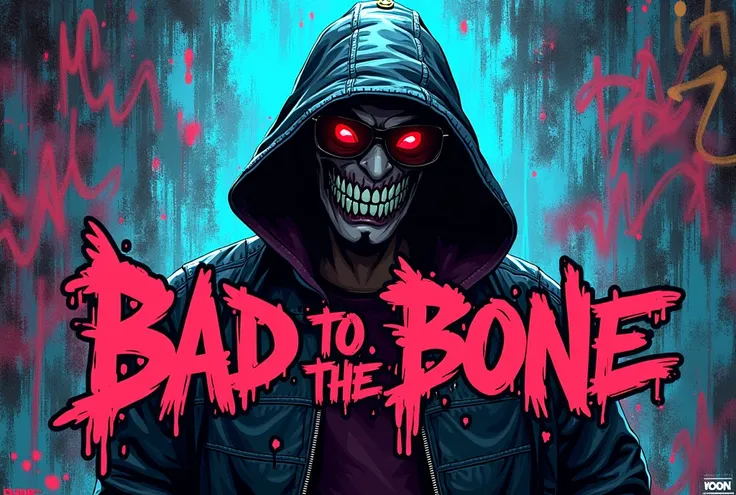 Creating a cool poster requires a grafity,  that is both catchy and appealing to a teenage audience the logo has a name "bad to the bone" , colorful grafity, blue and black, glitched, 2D mfDoom, 4k , high details