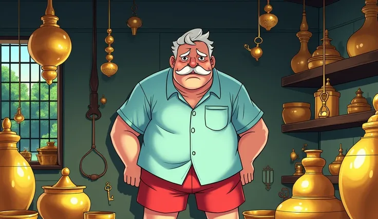 A cartoon-style anime medium shot of a man with a mustache wearing a light blue shirt and red shorts, sitting indoors. The man behind him is a large  god. Tis man is sri lanka village man. The room has a dim, colorful ambiance with a visible barred window ...