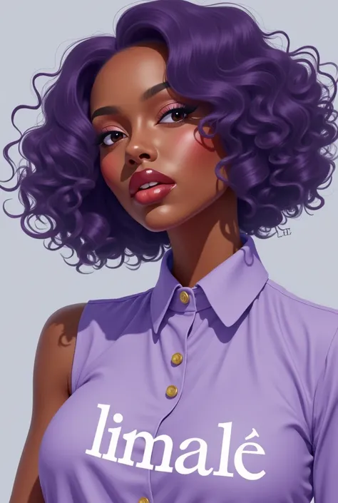  Create for me the design of one with almost curly purple hair half thin with brown skin with a blouse with the written Limalê logo , blouse in the color lilac   