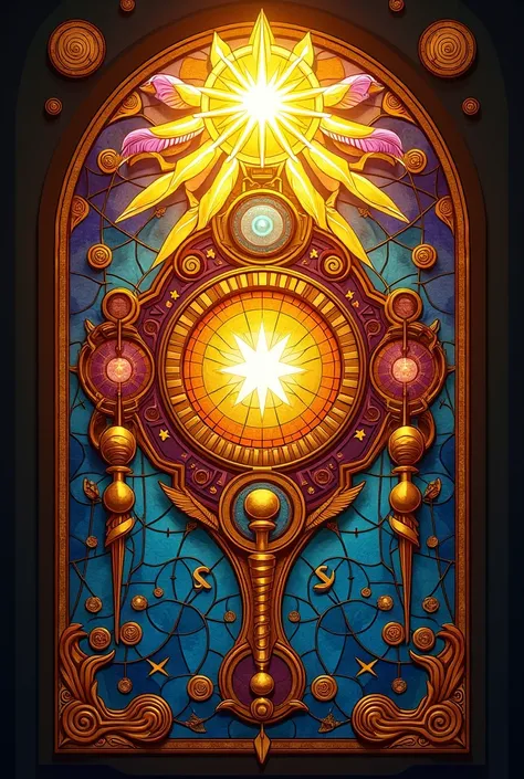  A stained glass style artwork with an intricate and vibrant design that features shiny gold patterns and symbols .  The central focus is a radiant star at the top ,  that illuminate a symmetric ornamental composition .  The design incorporates spiral moti...