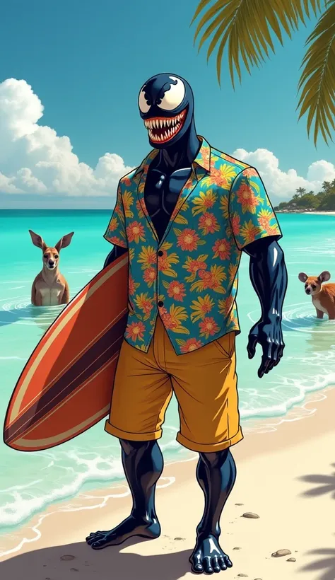 Australia:**  Venom is presented as a relaxed surfer ,  wearing a Hawaiian shirt and shorts ,  with a colorful surfboard under his arm . In the background,  a beach of white sand and crystal clear waters , where kangaroos and koalas play .  His personality...