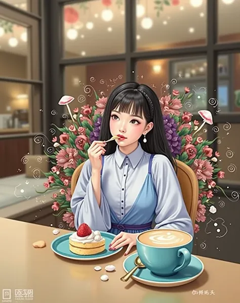 Woman eating cake and coffee,  picture inspired by Ma Yuanyu ,  instagram,  realism, ❤🔥🍄🌪, Chiho, shikamimi, 🪔 🎨;🌞🌄, Yoshitomo Nara, 24MP, 2 4 MP, Takemura Kimi, Cafe