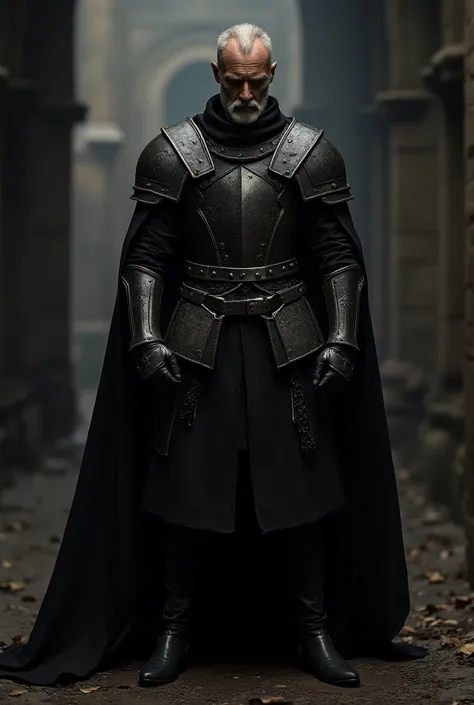 A medieval man, a gentleman, but his armor is fused with heavy metal clothing looking in front of the camera.