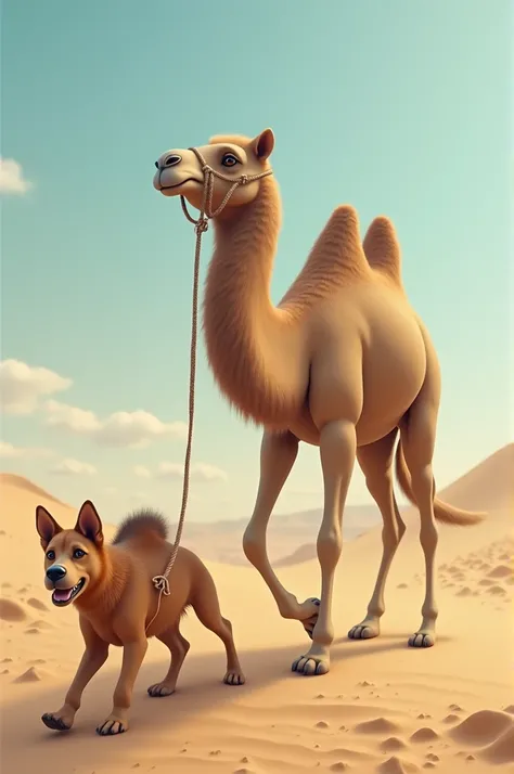 A camel tied around the dogs tail