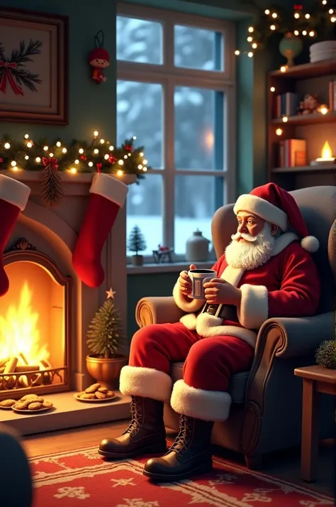 Santas room with fireplace and snow