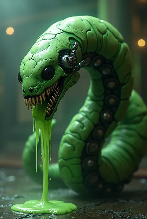 ROBOTIC WORM INFECTED WITH GREEN POISON, BLACK EYES AND SHARP TEETH