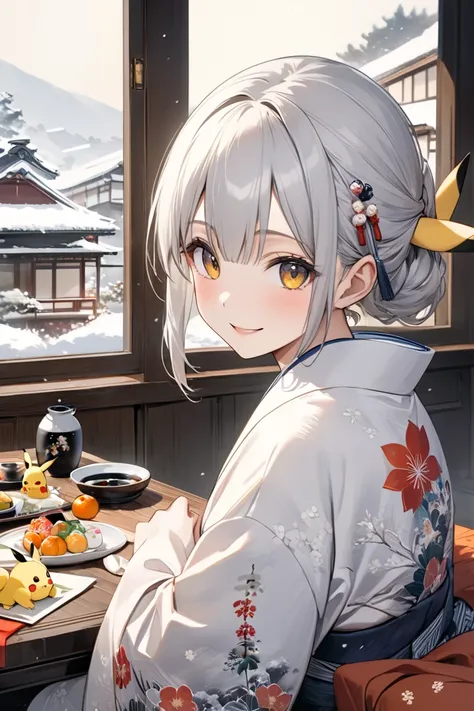 Personification、 girl、smile、 Silver Hair、kimono、Pikachu、Kotatsu、 is sitting、 tangerine 、Inside the house、Snow Scene、 New Years ink painting 、rating: General, newest  ,(8k, RAW photo:1.2), detailed face and eyes,intricate detail ,masterpiece ,sharp focus, h...