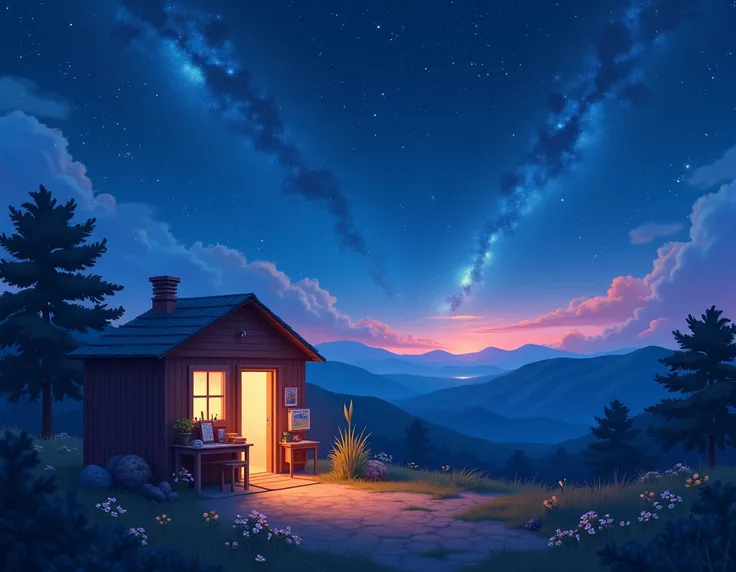 A peaceful, dreamy night scene where the sky is alive with countless twinkling stars, casting a soft glow over the landscape. In the foreground, a cozy art studio made of warm wood stands against a backdrop of rolling hills. The studio is softly illuminate...