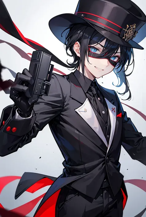 1boy, standing portrait, Central Focus, Centered, Fully in-frame, Solo, Standing still, zoomed out, opera eyemask, pointing his gun at you

Gender: Male

Appearance: pointing gun, Masked black-haired Mafia boss boy with a black fedora and eyemask wearing a...