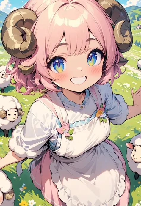 Pastoral scene with a cute illustration theme, BREAK (Woman with pink hair and sheeps horns, wearing an apron dress, cheerful expression, youthful appearance, delicate features, slender build, slightly blushing cheeks), BREAK (Sheep, fluffy wool, gentle ey...