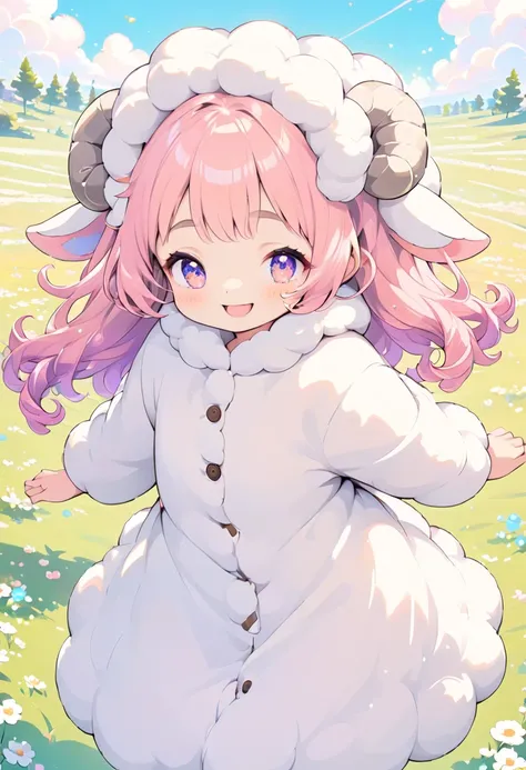 Illustration of a cute young woman in a sheep costume standing in a meadow,BREAK,(young woman in a sheep costume,smiling with a joyful expression,Western features,soft curly hair peeking out of the costume,wearing fluffy sheep ears and a cute tail,petite a...