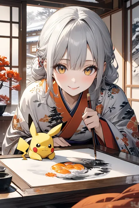 Personification、 girl、smile、 Silver Hair、kimono、Pikachu、Kotatsu、 is sitting、 tangerine 、Inside the house、Snow Scene、 New Years ink painting 、rating: General, newest  ,(8k, RAW photo:1.2), detailed face and eyes,intricate detail ,masterpiece ,sharp focus, h...