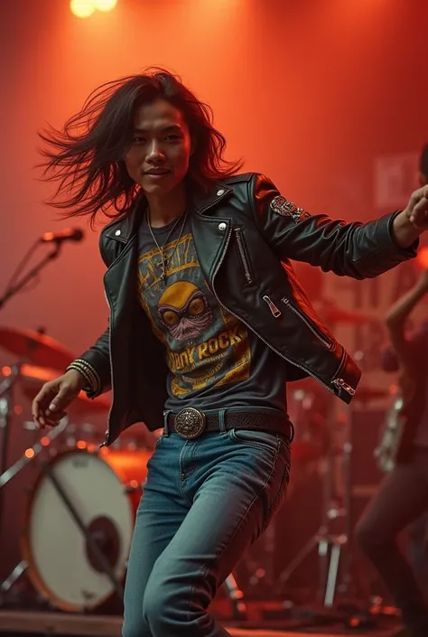 Photo of a 25 year old Thai man with long hair in the 1960s, dressed in a hard rock style, 1960s rock band, dancing and enjoying the music, fun to watch, rock band, 1960s, 4k, realistic