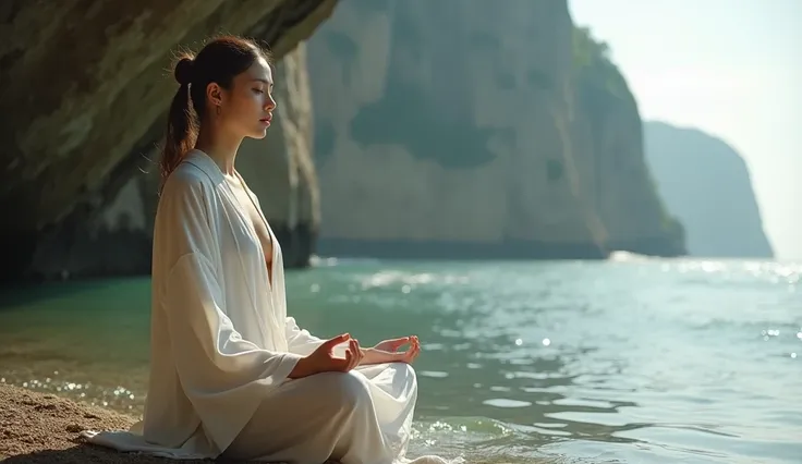 A 25-year-old Korean woman wore a tight white robe that opened her shoulders, revealing her cleavage. (Naturally sagging breasts) Meditate by the water beneath a sheer cliff. The atmosphere was filled with the beauty of nature as well as the light of her m...