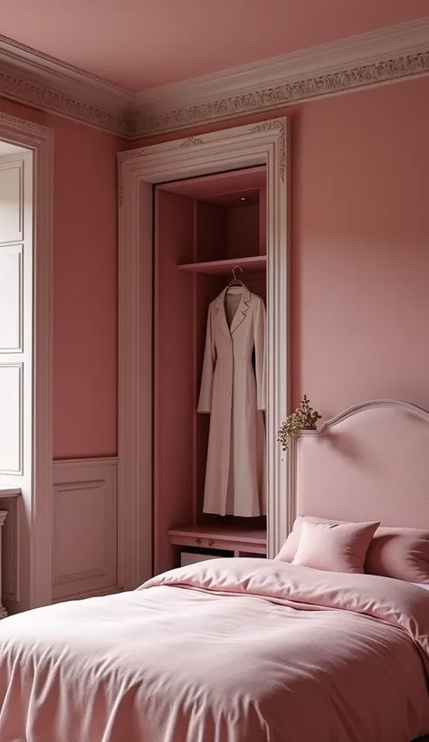  Now create a picture of the bedroom of the house .  In the bedroom there is a large flat closet opposite the double bed, which is embedded in the wall .  On the inside of the closet there is a large mirror and a dressing gown .  The walls of the room are ...