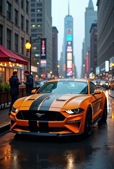 A ford mustang standing new york city road in a raining weather we can alot of building that are far away from car and and couple is drink hot coffee on the side of the street 