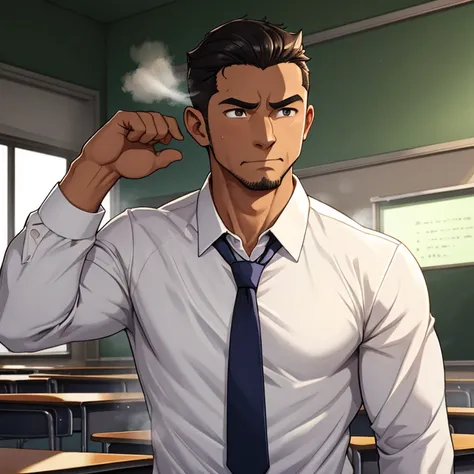 classroom、teacher、gentlemen、suit、 long sleeve shirt、tie、35-year-old male、Muscular、 shorthair 、 Tanned Skin、 sweated、hot、Steam on both sides、odor、Raise one arm to the back of the head