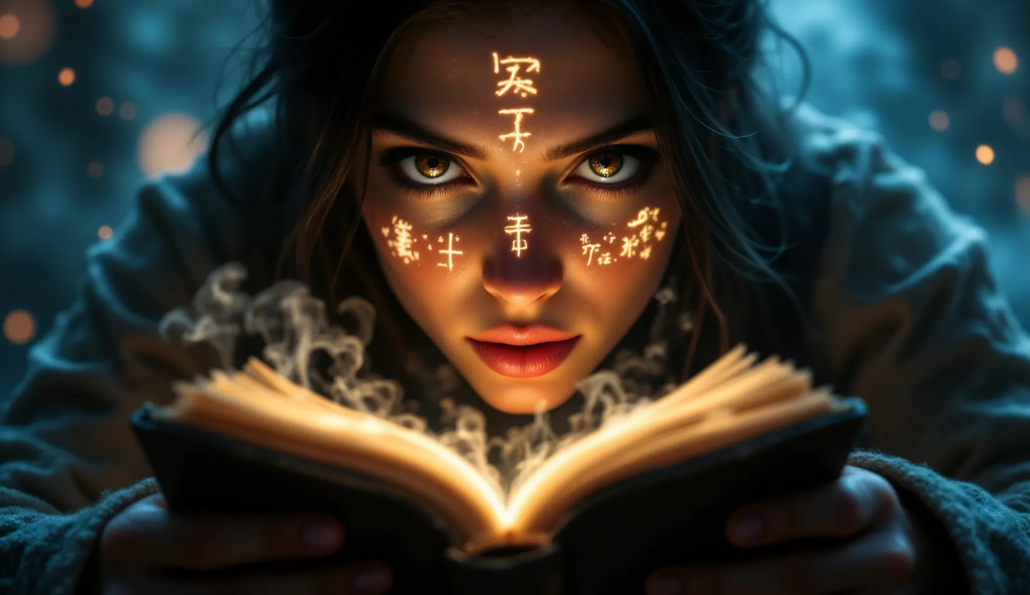 a researcher looks into the codex, eyes wide with wonder as the glowing symbols are reflected in their pupils. their expression ...