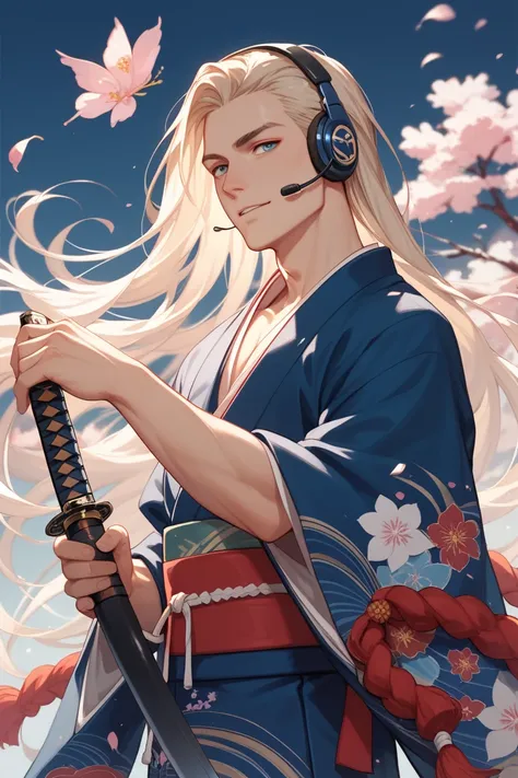 someone wearing a katana wearing a long hair kimono wearing a headset someone wearing a long and blond hair kimono wearing a katana wore a katana, and both men