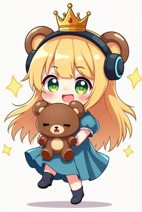 Chibi blonde, with long hair and green eyes, who is overly happy and jumping with joy, and has a bear-gaming headset on her head and carrying a super powerful little bear doll with a golden crown on her head, the painting must be in blue dress drawing mode...