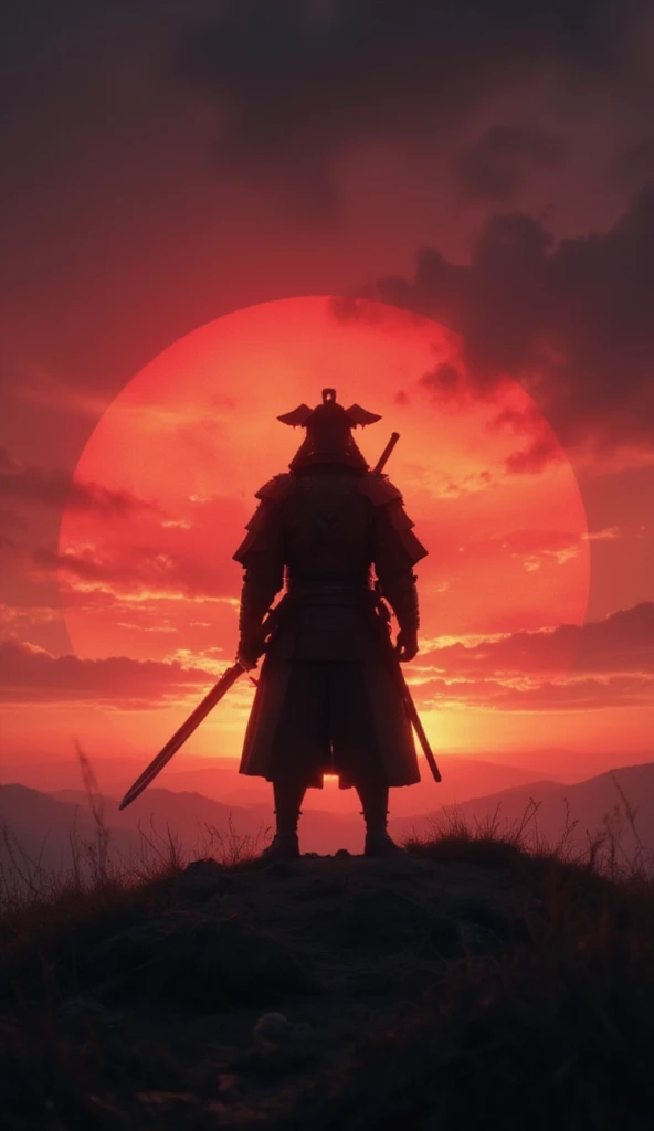 A solitary samurai standing on a hill, silhouetted against a fiery red and orange sunset. His katana gleams with the last light of the day, casting long shadows over the ground. The sky blends into dark hues, symbolizing strength and resilience as night ap...