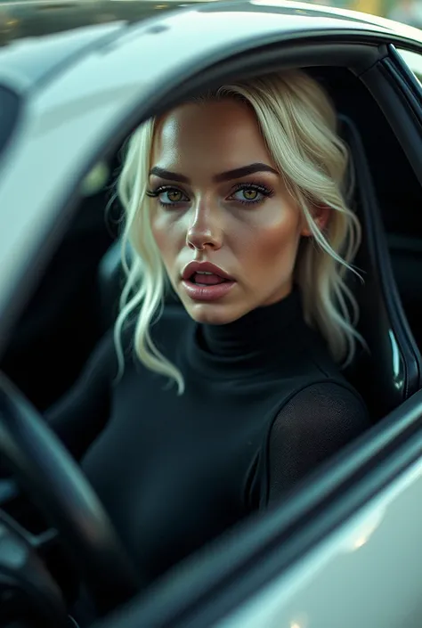 blonde  dans une voiture de sport, hair, hair, raised eyebrows, blank eyes, makeup, open mouth, smiley, motion blur, backlighting, silhouette, high detail, Futurism