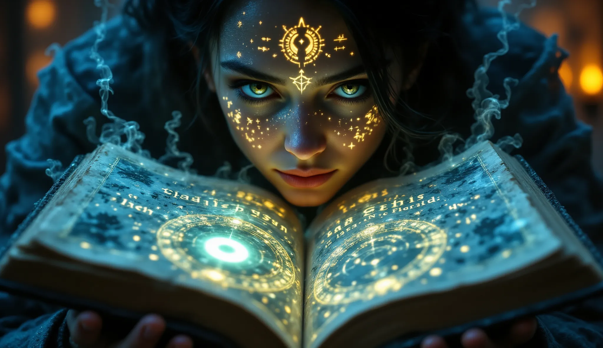 the opened pages reveal glowing alien script and illustrations of celestial beings and star charts. the light from the pages bat...