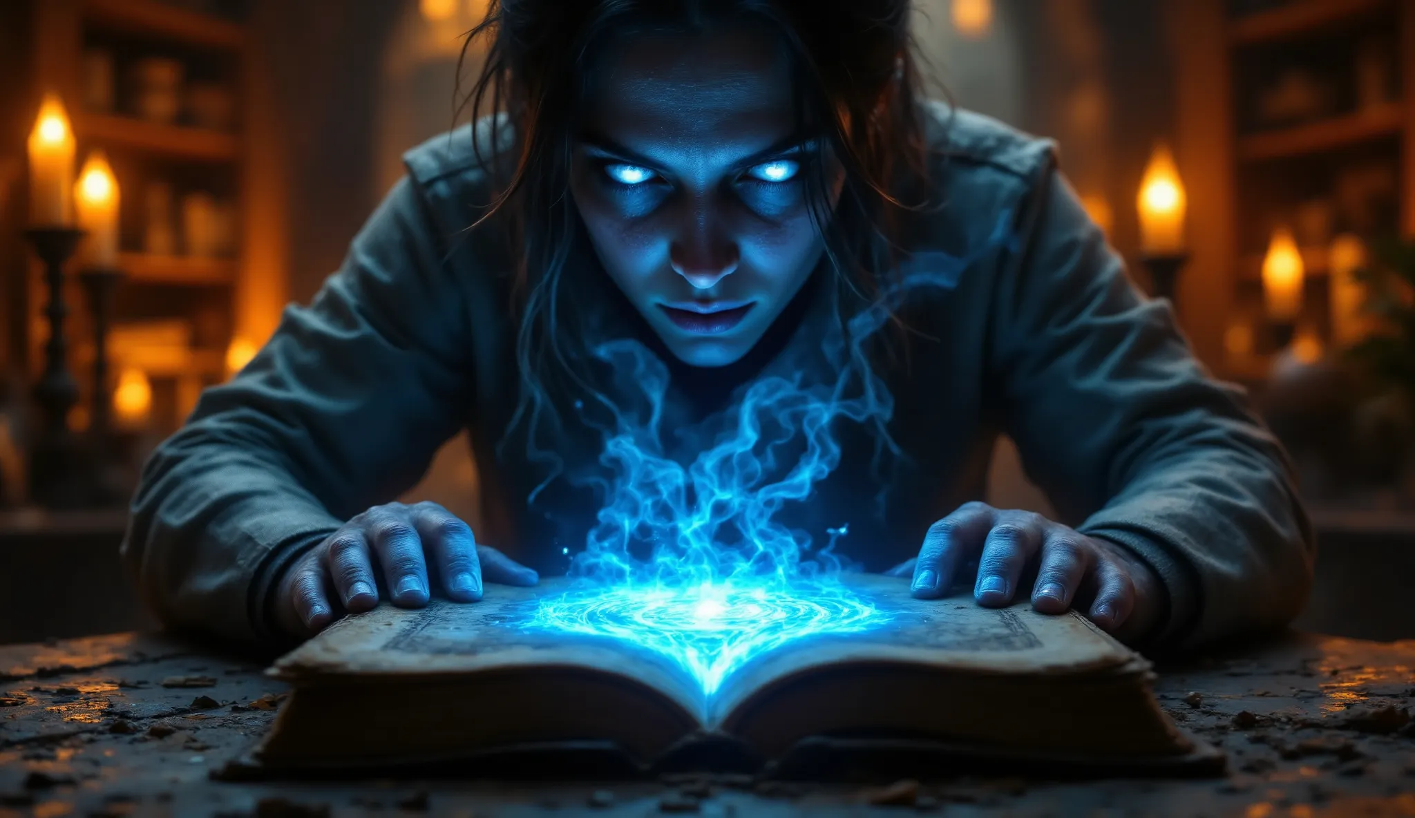 a researcher delicately opens the ancient codex with gloved hands. the blue symbol on the cover glows as if alive, casting a sof...