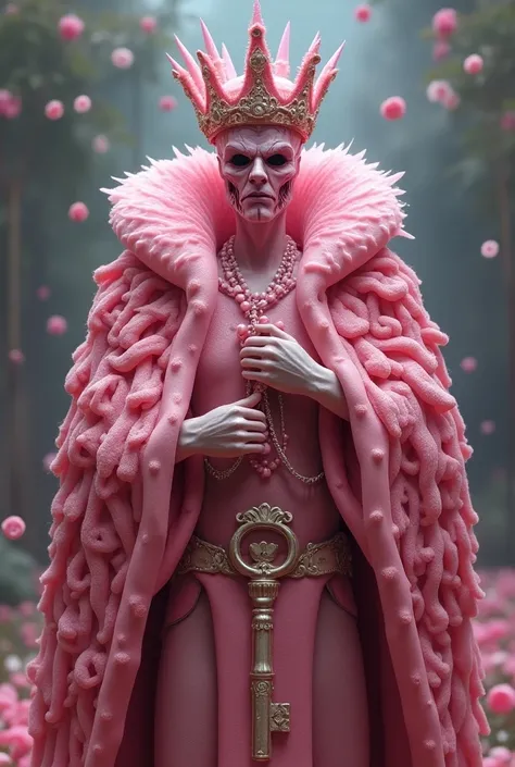 A handsome 30-year-old king who is scary with pink candy skin and clothes made of pink candies and a large crown made of pink candies with a key in the middle of his crown. 