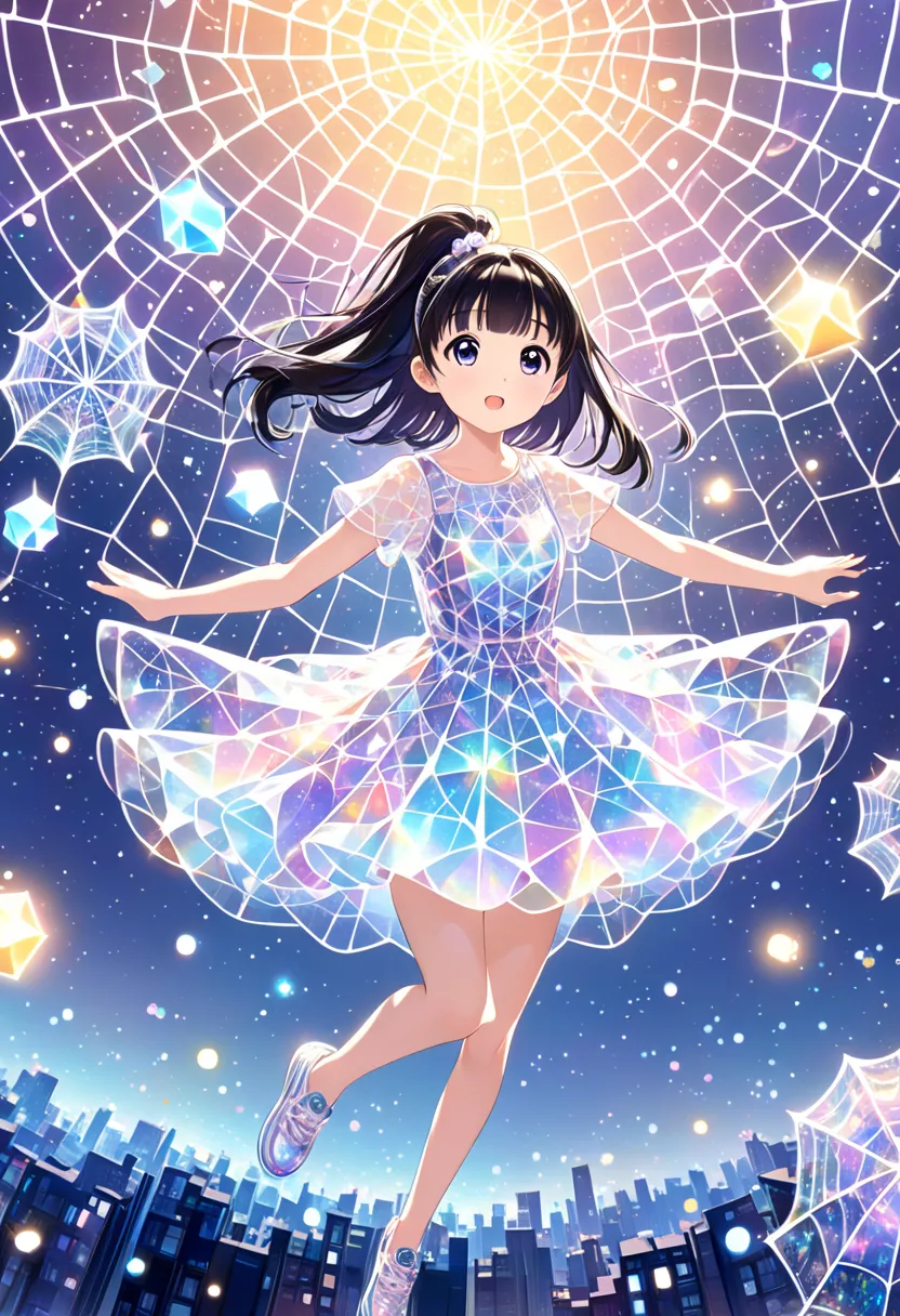 (shine_   spider webs   )+++，   fractal landscape ，   fantasy , 1. cute _     girl_  holographic dress,  (dynamic_pose_     look...