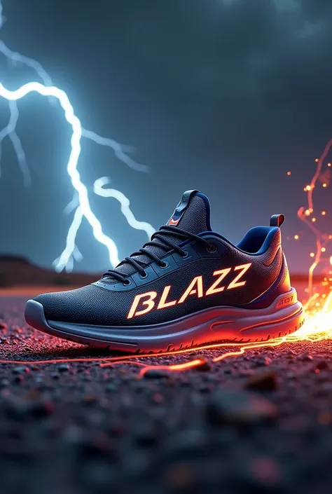 Make a picture of a shoe with a lightning brand and blazz inscription and a picture of lightning