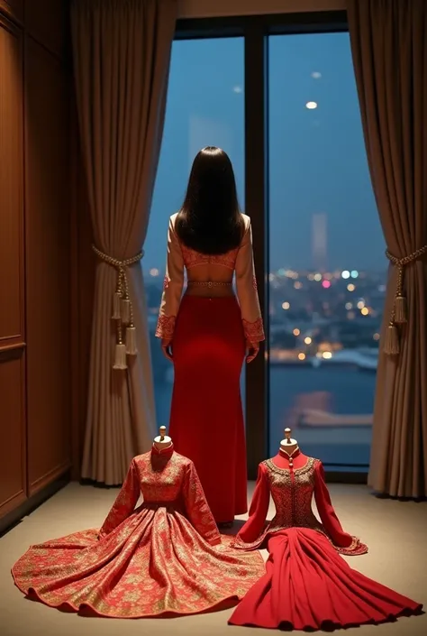 A 20-year-old female tycoon from Korea shows 2 costumes on the floor, but her face shouldnt come out too much, so she blurs the focus. The location of the face is a costume room in an expensive high-rise apartment in Gangnam. Its night outside, and the vie...