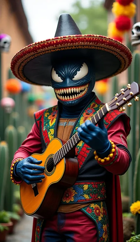 Mexico:**  Venom is adorned with a vibrant costume ,  filled with colors Remember the traditions of Mexican folklore.  he wears a charro hat and is surrounded by typical elements , Like cacti and shredded paper .  His expression is cheerful and warm ,  ref...