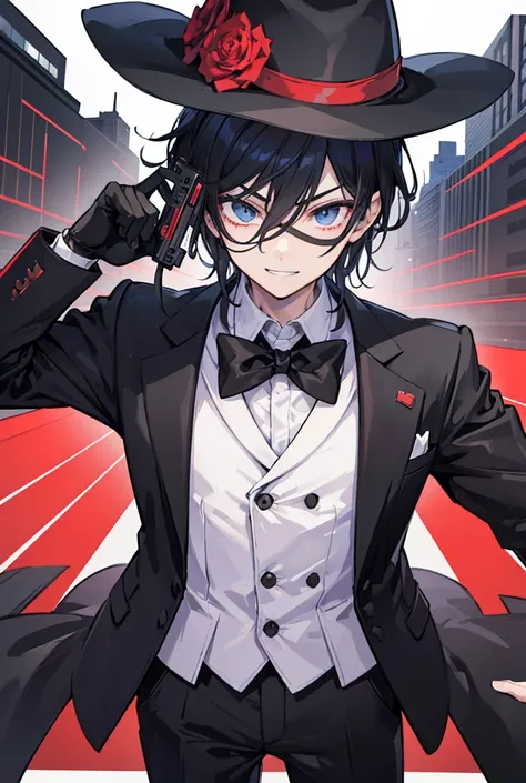 1boy, standing portrait, Central Focus, Centered, Fully in-frame, Solo, Standing still, zoomed out, opera mask, pointing his gun at you

Gender: Male

Appearance: pointing gun, Masked black-haired Mafia boss boy with a black fedora and opera mask wearing a...